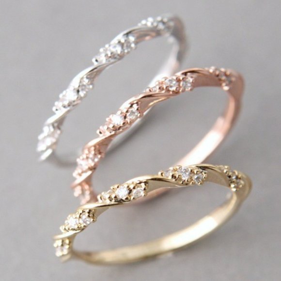 925 Sterling Silver Plated Thin Twisted CZ Wedding Ring, MLNN1112 - Picture 1 of 2
